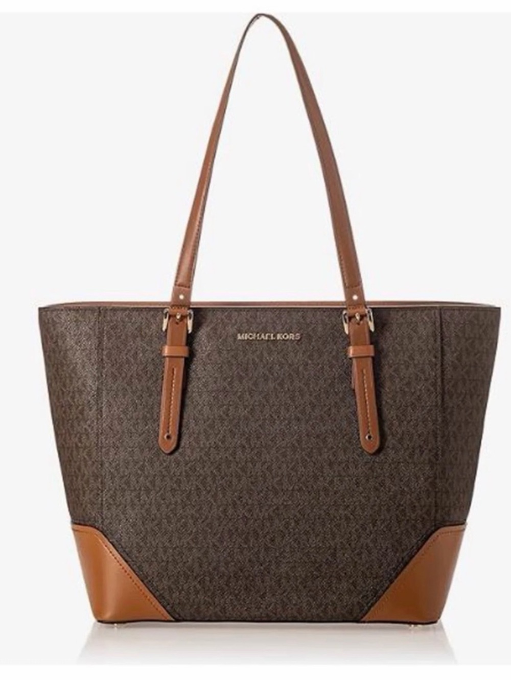 NWT - Michael Kors Brown Logo-Print Tote with Tan Leather Trim - Picture 1 of 6